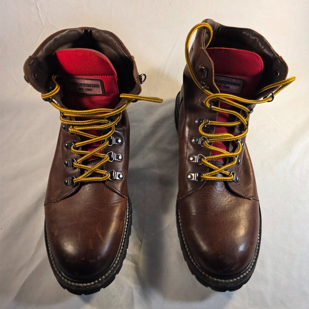 Wolverine Brown Leather Work Boots with Yellow Laces and Red Tongue